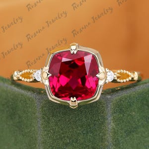 Unique July Birthstone wedding ring Cushion shape red ruby engagement ring Art Deco bridal ring Moissanite solid gold ring Anniversary gift