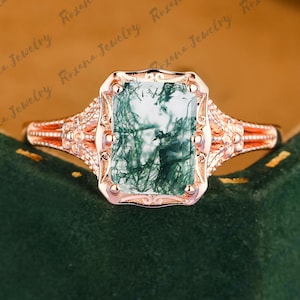 Emerald Cut Moss Agate Engagement Ring Unique Rose Gold Rings for Women Vintage Art Deco Flower Ring Wedding Ring Bridal Gift Promise Ring