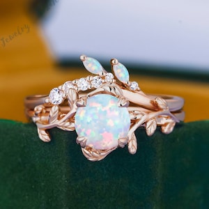 Round shaped white opal ring set Unique rose gold wedding bridal ring set Leaf nature inspired engagement ring women Anniversary gift