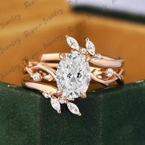 Oval Cut Moissanite Engagement Ring Set 14K Solid Gold Ring Wedding Bridal Set Vintage Natural Inspired Leaf Twig Silver Ring Promise Ring