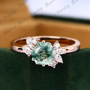 Hexagon Cut Moss Agate Engagement Ring Art Deco 14K Gold Proposal Ring Unique Cluster Moissanite Wedding Ring Bridal Promise Ring For Women