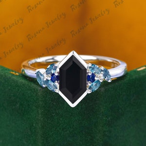 Vintage Hexagon Cut Black Onyx Engagement Ring Solid White Gold Blue Sapphire Cluster Ring London Blue Topaz Anniversary Gifts Gemstone Ring
