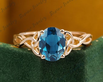 Solid Gold Gemstone Ring Natural London Blue Topaz Engagement Ring Twist Ring Solitaire Bridal Ring Anniversary Gifts Handmade Ring