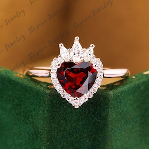 Heart Cut Natural Red Garnet Engagement Ring Gold Wedding Ring Moissanite Halo Ring Unique Crown Dainty Ring Anniversary Gifts Gemstone Ring