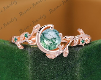 Vintage Natural Moss Agate Engagement Solid 14K Gold Bezel Promise Ring Unique Nature Inspired Elven Leaf Ring Moon Jewelry Gifts for Her