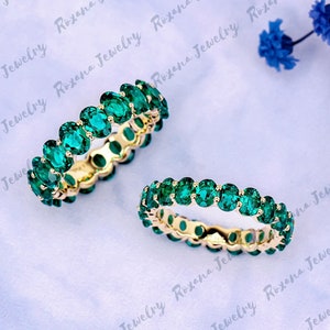 Oval Green Emerald Full Eternity Band 14K Solid Yellow Gold Stacking Band Promise Ring May Birthstone Wedding Band Bridal Anniversary Band
