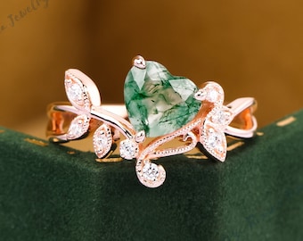 Heart Moss agate Engagement Ring Art Deco Nature Inspired Rose Gold Unique Vintage Leaf Branch Wedding Bridal Ring Anniversary Promise Ring