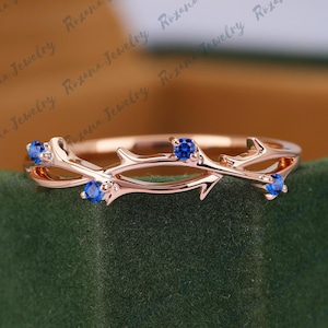 Dainty Blue Sapphire Solid Gold Ring Nature Branches Ring Sapphire Wedding Band Anniversary Gifts Vintage Stacking Band Handmade Ring