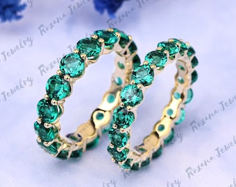 Ronde geslepen smaragd trouwring massief geel goud volledige eeuwigheid band mei Birthstone bijpassende band belofte ring vrouwen verjaardag band cadeau