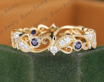 Alexandrit Ehering Rose Gold Ring Passendes Band voller Eternity Ring Vintage Art-Deco-Ring für Unisex Versprechen Ring Jahrestag Geschenk