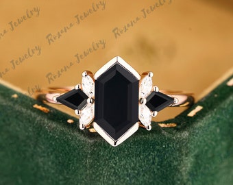 Zeshoek gesneden natuurlijke zwarte Onyx ring edelsteen cluster ring 14K Rose Gold verlovingsring voor vrouwen Vintage Art Deco verjaardag ring geschenken