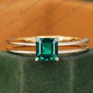 May birthstone ring Emerald cut green emerald gold ring Unique solitaire ring Solid gold bridal ring Promise ring Handmade ring for women
