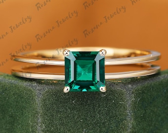 Anillo de piedra natal de mayo Anillo de oro con esmeralda verde talla esmeralda Anillo solitario único Anillo nupcial de oro macizo Anillo de promesa Anillo hecho a mano para mujer