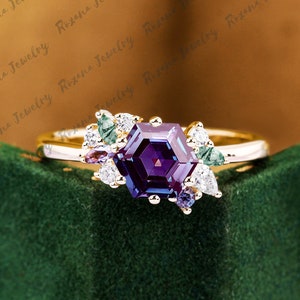 Hexagon Cut Alexandrite Engagement Ring Solid Yellow Gold Gemstone Ring Unique Moissanite Moss Sgate Cluster Ring Women Silver Promis Ring