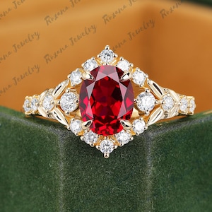 Oval cut red ruby engagement ring Solid yellow gold bridal ring Unique moissanite cluster ring Promise ring July birthstone gemstone ring