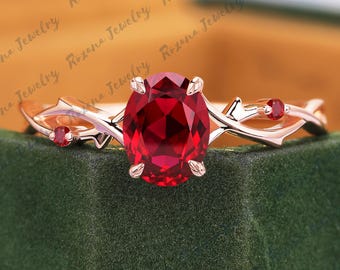 Anello nuziale con pietra portafortuna di luglio Anello di fidanzamento con rubino rosso taglio ovale Anello nuziale con rami ispirati alla natura Anello in oro massiccio per lei Anello fatto a mano