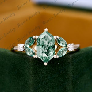 Hexagon Cut Natural Moss Agate Engagement Ring Moissanite Cluster Ring Solid Yellow Gold Ring Bridal Ring Anniversary Ring Handmade Ring