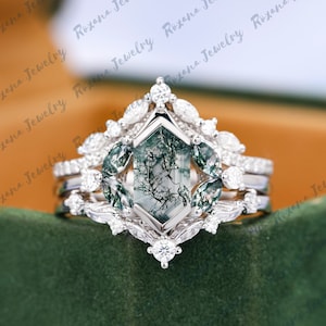 3pcs 14K White Gold Engagement Ring Set Natural Moss Agate Bridal Wedding Set Art Deco Leaf Promise Ring Gemstone Anniversary Gift For Her