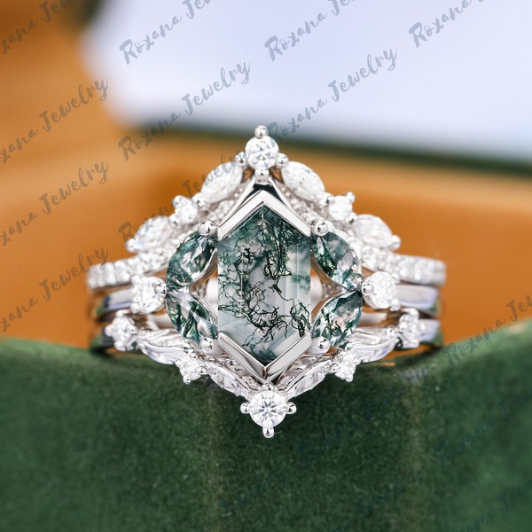 3pcs 14K White Gold Engagement Ring Set Natural Moss Agate Bridal Wedding Set Art Deco Leaf Promise Ring Gemstone Anniversary Gift For Her