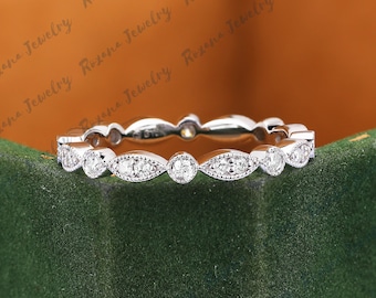 Lab Grown Diamond Wedding Band Solid White Gold Ring Art Deco Band Curved Band Moissanite Ring Anniversary Gifts Bridal Ring Promise Ring