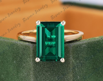 Anillo de compromiso vintage con esmeralda verde tallada en oro amarillo macizo, anillo minimalista, anillo solitario de novia, regalo de aniversario para ella.