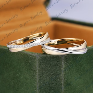 Real natural diamond couple ring Unique solid two tone gold wedding ring Anniversary gifts for men and women Art Deco crossover design ring