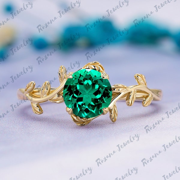 Round Shape Green Emerald Engagement Ring Solid Yellow Gold Ring Nature Inspired Leaf Ring Twig Ring May Birthstone Anniversary Gift For Her