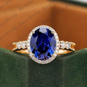 Oval Blue Sapphire Engagement Ring Moissanite Halo Ring Bridal Ring Anniversary Gifts Solid Yellow Gold Promise Ring September Birthstone