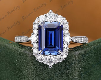Solid Gold Blue Sapphire Ring 6*8mm Lab Created Sapphire Engagement Ring Halo Moissanite Wedding Ring Vintage Anniversary Gemstone Ring Gift