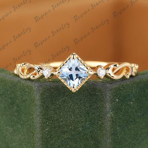 Princess cut Natural Aquamarine engagement ring Natural diamond solid gold bridal ring Unique twist wedding ring Anniversary gifts for her