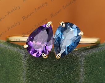 Natürliche Amethyst & Natürliche Blautopas London Verlobungsring Massiv Gelbgold Doppelstein Brautring Einzigartige Toi Et Moi Ring Geschenke für sie
