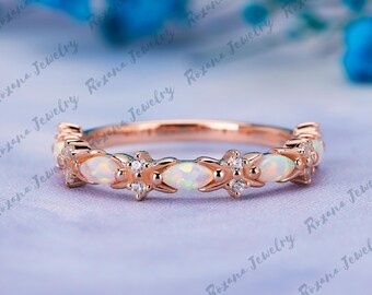 Marquise Cut Lab Opal Wedding Band Solid Rose Gold Ring Matching Band Promise Ring Art Deco Anniversary Band Gifts for Her Handmade Ring