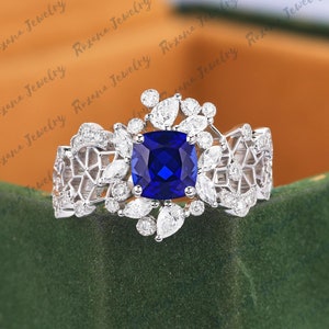 Vintage Cushion Cut Blue Sapphire Engagement Ring Solid Gold Bridal Ring Unique Howelled-out Ring Moissanite Cluster Ring Anniversary Gifts