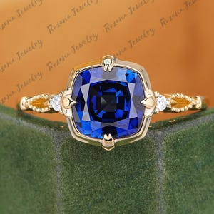 Cushion cut sapphire wedding ring Unique blue gemstone bridal ring Solid gold engagement ring Moissanite handmade ring for wife Promise ring
