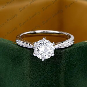 Round Cut Moissanite Engagement Ring Solid 14K White Gold Ring Unique Moissanite Cluster Ring Wedding Band Anniversary Ring Handmade Ring