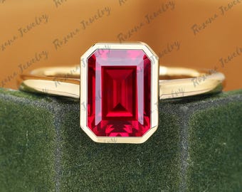 Vintage July Birthstone bridal ring Emerald cut red ruby engagement ring Solid 18k gold ring Solitaire ring Anniversary gifts for women