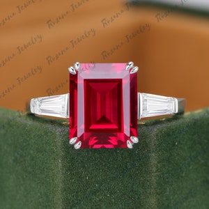 Vintage Red Ruby Engagament Ring Moissantie Three Stone Ring Solid White Gold Ring Anniversary Gift Her Red Gemstone Ring Promise Ring