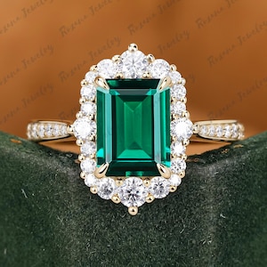 Anillo de compromiso de oro macizo de 14 quilates con esmeralda verde de 2 quilates, creado en laboratorio, para mujer, con halo de moissanita, anillo de bodas vintage y aniversario.