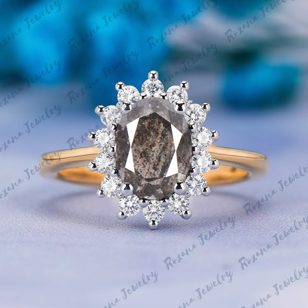 Oval Shape Natural Herkimer Diamond Engagement Ring Moissanite Halo Ring Solid Two Tone Gold Unique Salt Pepper Diamond Ring Gift for Her