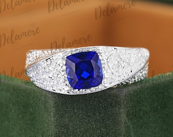 Unique Sapphire Gold Engagement Ring Solitaire Ring Cushion Cut Blue Sapphire Bridal Ring September Birthstone Ring Anniversary Gift
