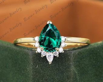 Piedra preciosa verde 14k anillo de oro sólido pera corte esmeralda anillo de compromiso Moissanite apilamiento anillo nupcial regalos de aniversario anillo de boda para ella