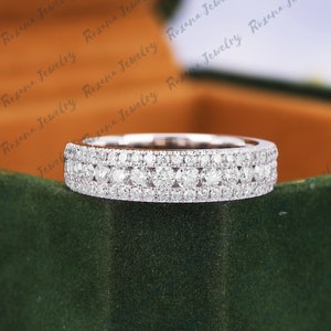 Labgrown Diamond Wedding Band Trerad Halv Alliansring Solid 14K Vitt Guld Moissanit Pave Stapelbar Matchande Ring Jubileumspresenter