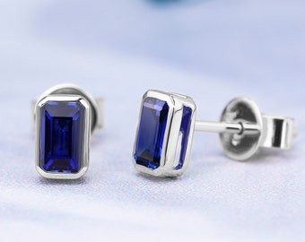 14K/18K White Gold Emerald Cut Blue Sapphire Stud Earrings September Birthstone Earrings Anniversary Gift for Her Minimalist Dainty Earrings