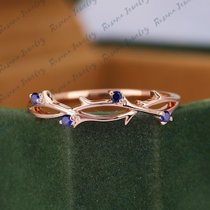 Dainty Blue Sapphire Solid Gold Ring Nature Branches Ring Sapphire Wedding Band Anniversary Gifts Vintage Stacking Band Handmade Ring