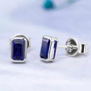 14K/18K White Gold Emerald Cut Blue Sapphire Stud Earrings September Birthstone Earrings Anniversary Gift for Her Minimalist Dainty Earrings