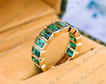 Groene smaragd halve eeuwigheid trouwring massief 14k geelgouden smaragd geslepen edelsteenring mei geboortesteen verjaardag geschenken handgemaakte ring
