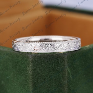 Solid White Gold Ring Hand-carved Pattern Wedding Band Delicate Dainty Ring Anniversary Gifts for Her Promise Ring Nature Inspired Leaf Ring