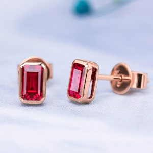 Solid Rose Gold Ruby Stud Earrings, Emerald Cut Lab Ruby Earrings, Christmas Gifts Minimalist Dainty Earrings, July Birthstone Earrings