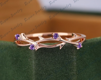 Vintage Natural Amethyst Wedding Band Twist Ring Branches Matching Band Stacking Band Solid Gold Ring Dainty Ring Anniversary Gift For Women