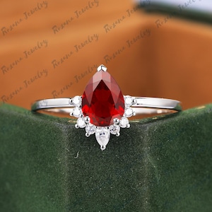 Pear Cut Red Ruby Engagement Ring 14K White Gold Ring Gemstone Promise Ring Silver Ring Anniversary Gifts For Her July Birthstone Jewelry